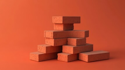 Fototapeta premium Stack of red bricks arranged for construction on a solid orange background showcasing building materials in a clean and minimalistic style