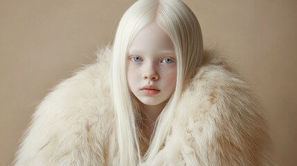 Slavic albino girl with long hair in a fur jacket, posing elegantly for a photo. Ideal for children's fashion campaigns, winter apparel ads, and diversity awareness initiatives