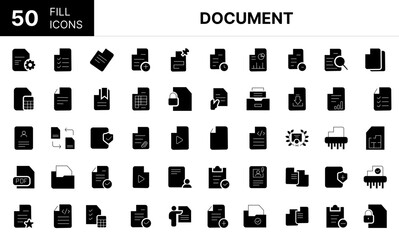 Collection of 50 Document fill icons featuring editable strokes. These outline icons depict various modes of Document, paper, file, line, form, contract, business, signs, 