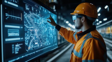 Transport technology, Engineer technician use virtual interface control panel and AI software Inspect and control the operation of electric monorail railway system in central of junction network