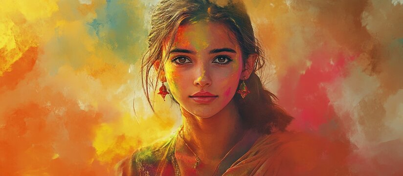 Young woman joyfully celebrating Holi surrounded by vibrant colors and festive atmosphere showcasing cultural traditions.