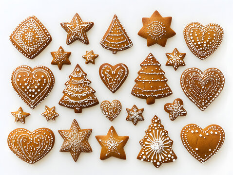 Homemade gingerbread cookies, sweet holiday star and tree decorations - Powered by Adobe