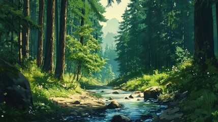 Obraz premium Serene summer mountain stream winding through lush green forest with vibrant foliage and rocky banks. Ideal for nature and landscape themes.