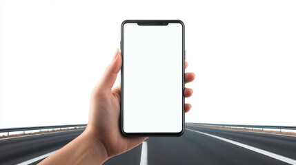 Woman hand holding smartphone isolated white screen with car on road background