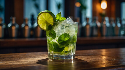 Fresh Mojito Cocktail with Lime and Mint on Wooden Bar Counter