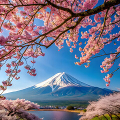 mount Fuji with cherry blossoms in full bloom