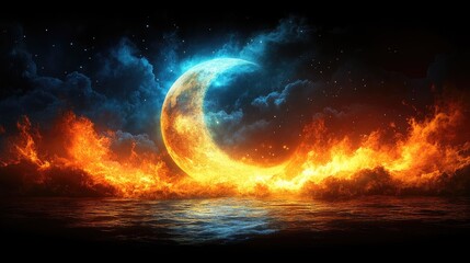 Fototapeta premium Vibrant abstract representation of sun and moon in fiery colors against a dark background with water reflections and dramatic cloud formations.