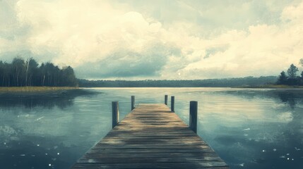 Serene Wooden Dock Overlooking Calm Waters Under Dramatic Clouds and Lush Green Landscape in a Tranquil Natural Setting