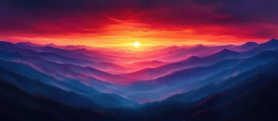 Fototapeta premium Serene sunset over layered purple mountains showcasing vibrant red and orange hues in the sky creating a tranquil nature scene