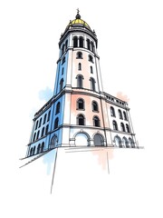 Elegant Tower Sketch: Watercolor-Style Illustration. AI Generated