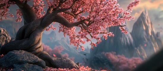 Cherry blossom tree in serene landscape with mountains and colorful petals in a tranquil and picturesque setting.