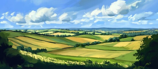 Fototapeta premium Panoramic view of vibrant crop fields under a blue sky with fluffy clouds showcasing agricultural beauty and rural landscape tranquility