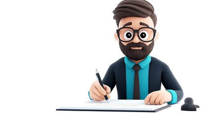 3D Cartoon Businessman Signing Documents Agreement Contract