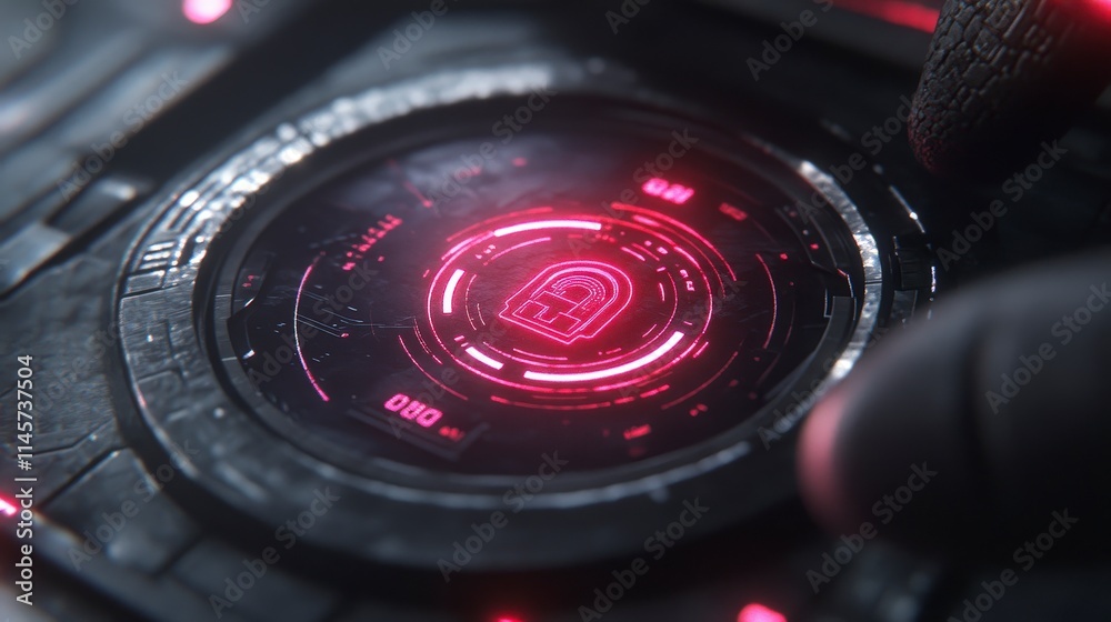 Poster a gloved finger activates a futuristic circular interface with a glowing red lock symbol signifying 