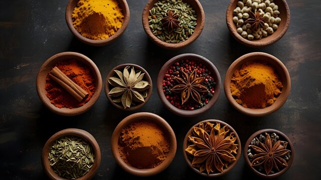 organic spices in small bowls with labels like turmeric, cinnamon, and cumin