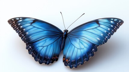 Vibrant Blue Butterfly in Mid-Flight Displaying Delicate Details Against a Bright White Background