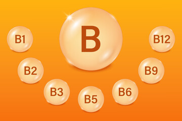 Vitamin B complex in bubble concept. Multivitamin. Vitamins complex banner for advertising, health, medical science. Beauty treatment skin care design.