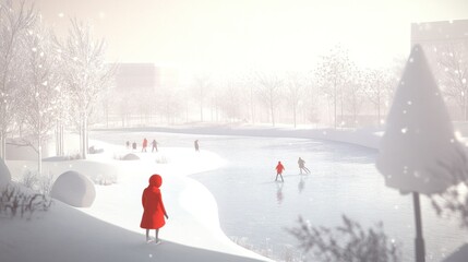 A girl in a red coat watches people ice skating on a snowy pond in a winter park.