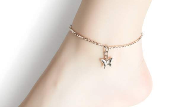 Fototapeta A dainty anklet with a dangling butterfly charm, isolated on white