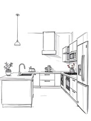 Modern Kitchen Sketch: Cleanly Illustrated Design. AI Generated