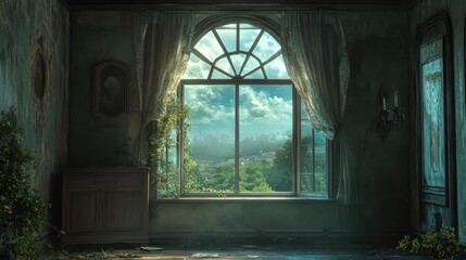 Serene view from an elegant window showcasing lush nature and dramatic clouds in an abandoned room with vintage decor.