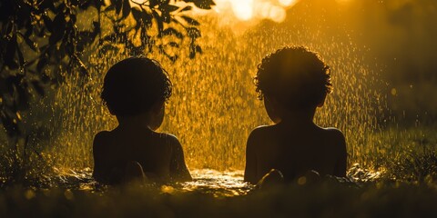 Obraz premium Golden Hour Children Sunset Shower Play Water Fun