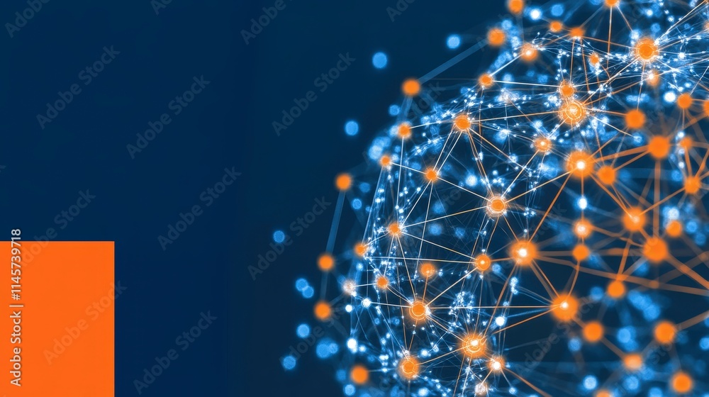 Poster abstract 3d rendering of a sphere-shaped network with glowing nodes and connecting lines on a dark b