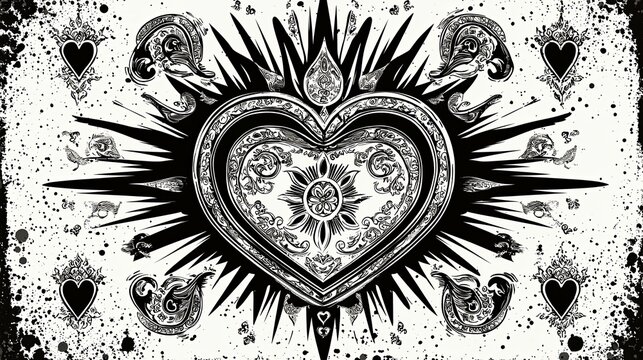Black and white ornate heart design with intricate details and surrounding elements, creating a bold and artistic visual impact, chicano patterns concept