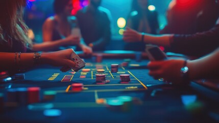 Fototapeta premium Casino night close-up of gamblers playing cards and chips at a table.