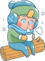 Cute boy drinking in the snow. Winter season illustration.
