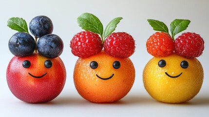 Cheerful colorful fruit characters with playful expressions on a light background showcasing creativity and fun in food art.