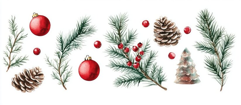 Christmas fir branches with red ornaments pine cones and berries creating a festive holiday decor arrangement for seasonal celebration decoration