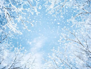 Snow-Covered Branches Against a Blue Sky with Falling Snow