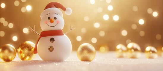 Fototapeta premium Charming snowman with Christmas ornaments against a warm beige background featuring festive bokeh lights creating a joyful holiday atmosphere