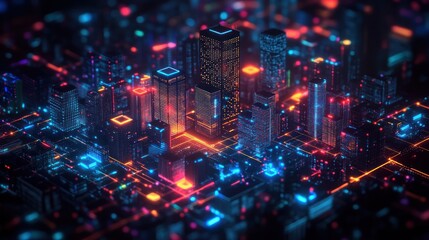 Fototapeta premium Futuristic cityscape with neon lights and technology.