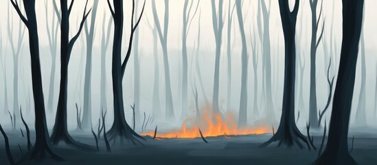 Naklejka premium Desolate landscape of a burned forest with smoke in the air and glowing embers amidst tall, charred trees creating a haunting atmosphere