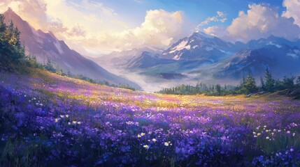 Scenic mountain landscape featuring a vibrant meadow filled with blooming purple flowers under a colorful sky and soft clouds.