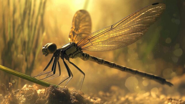 Dragonfly resting on grass in soft morning light showcasing intricate details of Gomphus pulchellus in a serene natural setting