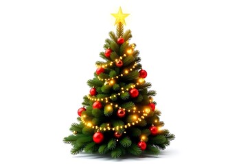 Decorated Christmas Tree with Lights and Ornaments on White Background