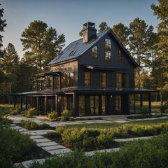 Fototapeta premium A modern farmhouse with a metal roof and black-framed windows.