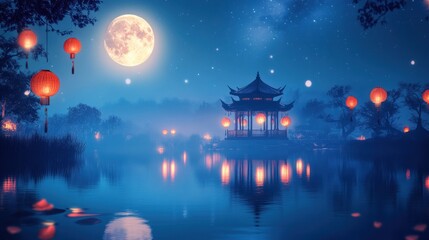 Fototapeta premium Serene Moonlit Pavilion Lakeside Lanterns Glow
