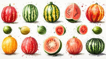 Ripe watermelon varieties featuring colorful patterns and cross-sections on a light background showcasing their freshness and diversity
