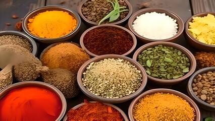 Vibrant Spices in Clay Bowls on Wooden Surface - Colorful Display