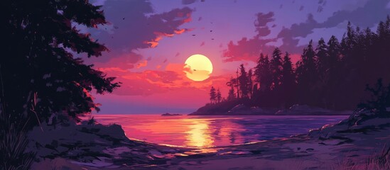 Fototapeta premium Vibrant purple sunset reflecting on tranquil shore with silhouetted trees creating a serene coastal landscape atmosphere