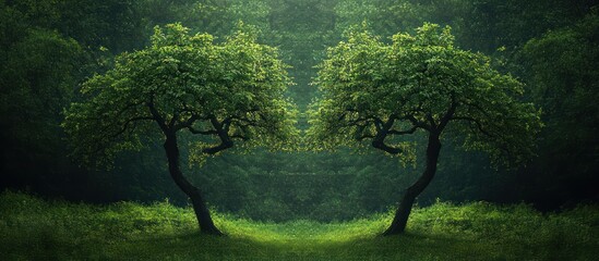 Fototapeta premium Two symmetrical trees in a serene, lush green landscape, evoking calmness and nature's beauty.