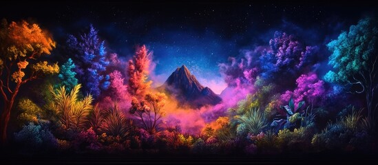 Vibrant hand-painted radiator art featuring a colorful mountain landscape with lush vegetation and a starry night sky for home decor enhancement