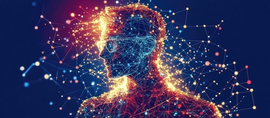 Businessman profile silhouette surrounded by a vibrant global network representing customer data communication and digital interactions