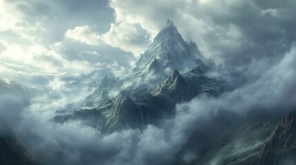 Fototapeta premium Majestic mountain landscape under a dramatic cloudy sky showcasing nature's beauty and tranquility in a serene environment