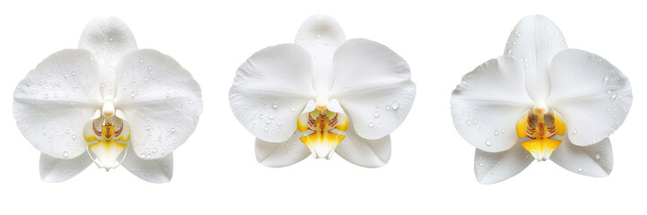 close up of three white orchids with golden centers and water droplets © Cheetose