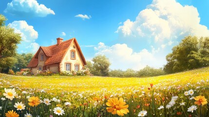 Charming countryside house surrounded by vibrant flower fields under a bright summer sky in a picturesque village landscape.